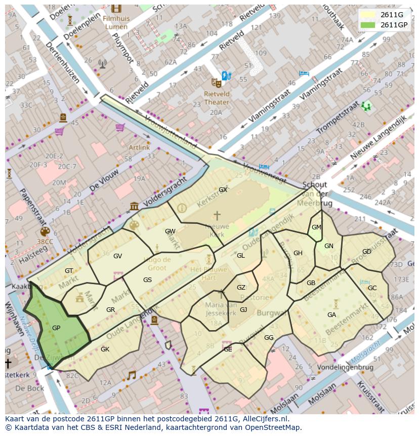 Afbeelding van het postcodegebied 2611 GP op de kaart.