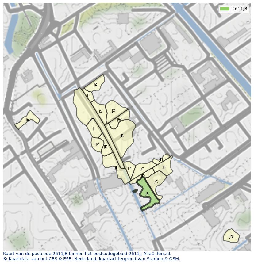 Afbeelding van het postcodegebied 2611 JB op de kaart.