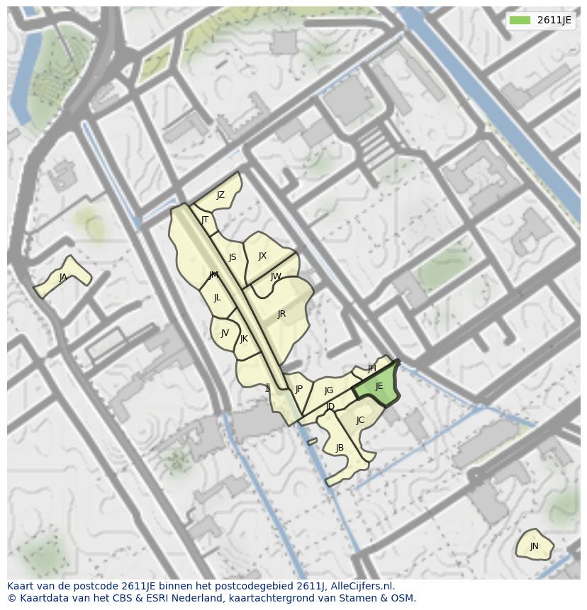 Afbeelding van het postcodegebied 2611 JE op de kaart.