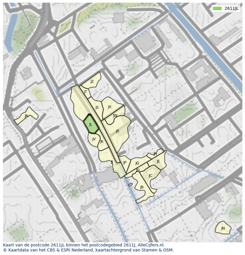 Afbeelding van het postcodegebied 2611 JL op de kaart.
