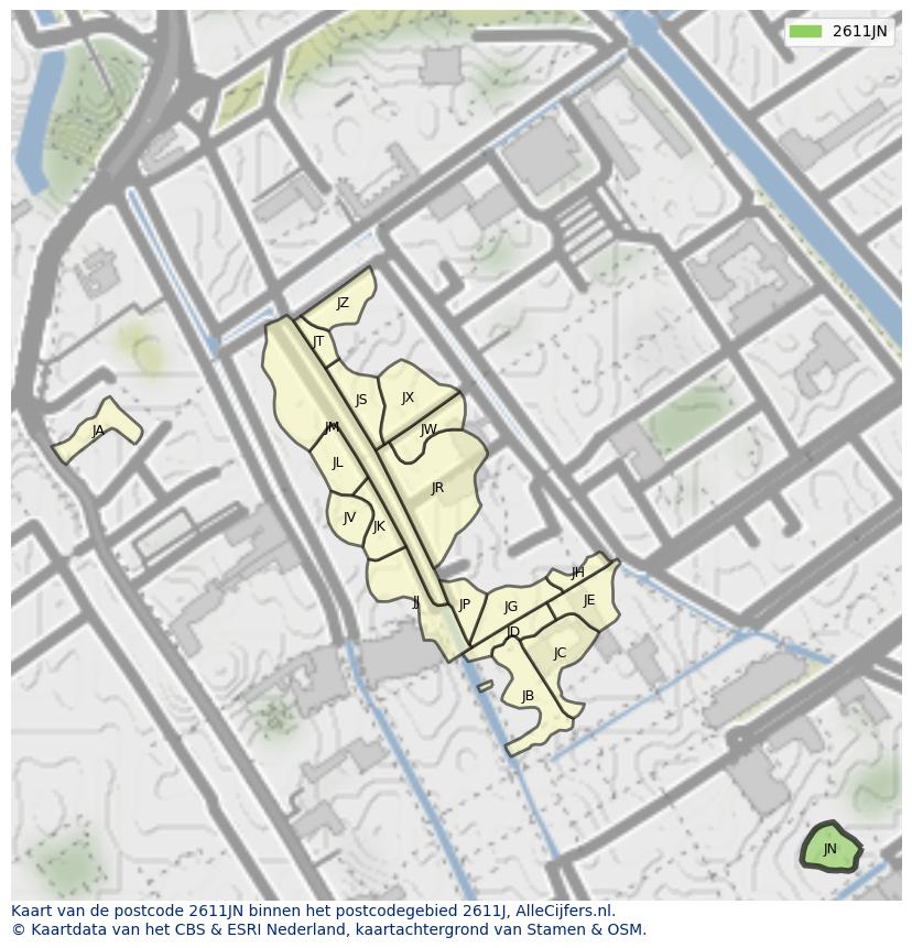Afbeelding van het postcodegebied 2611 JN op de kaart.