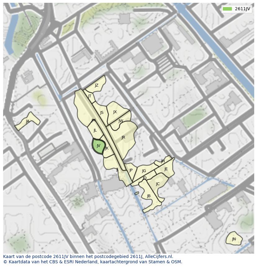 Afbeelding van het postcodegebied 2611 JV op de kaart.