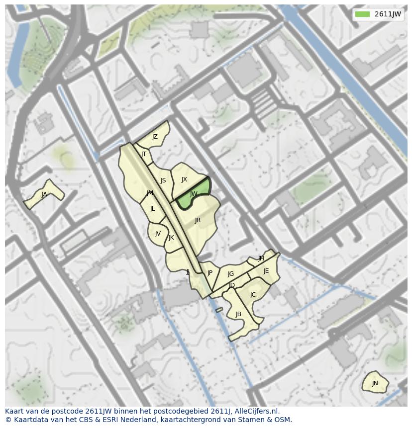 Afbeelding van het postcodegebied 2611 JW op de kaart.