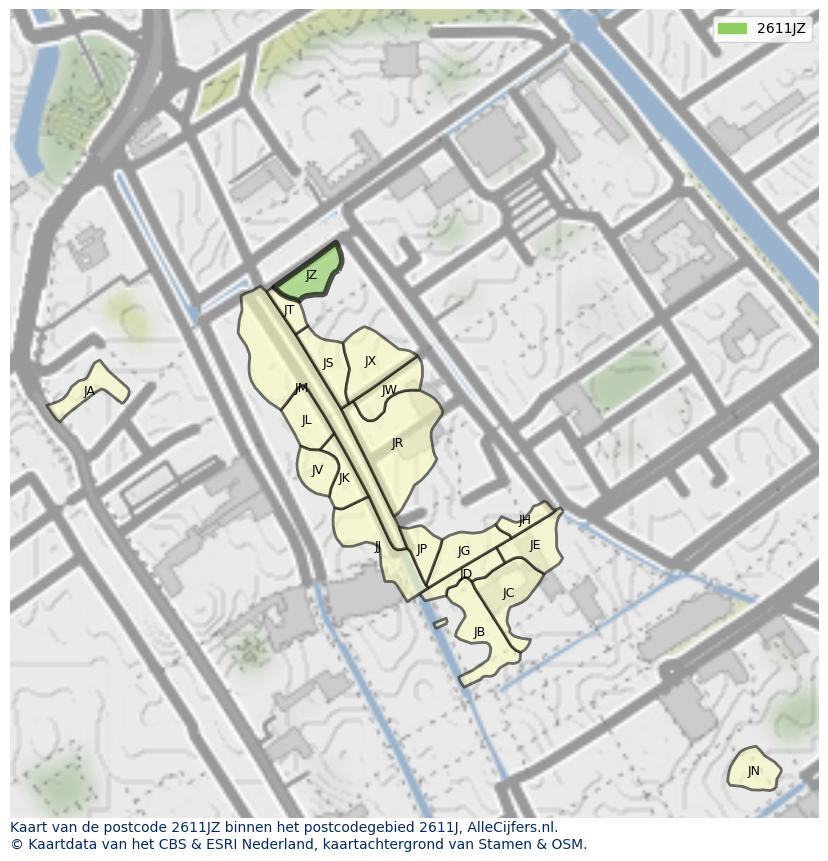 Afbeelding van het postcodegebied 2611 JZ op de kaart.