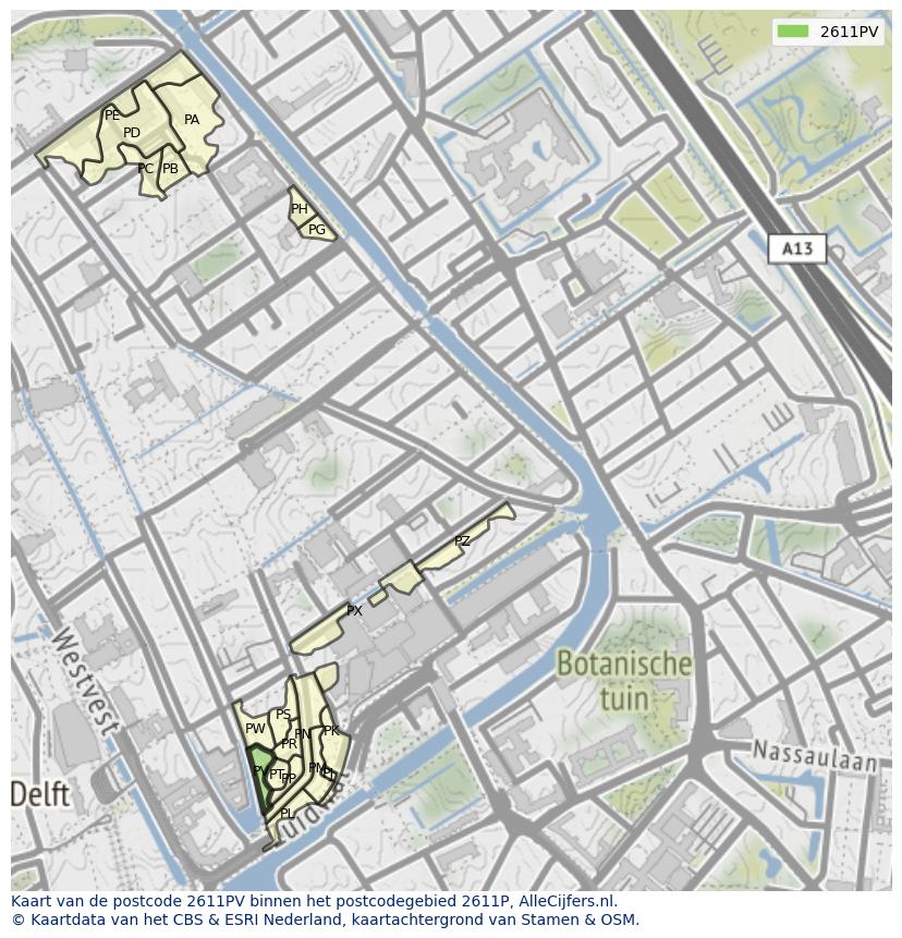 Afbeelding van het postcodegebied 2611 PV op de kaart.