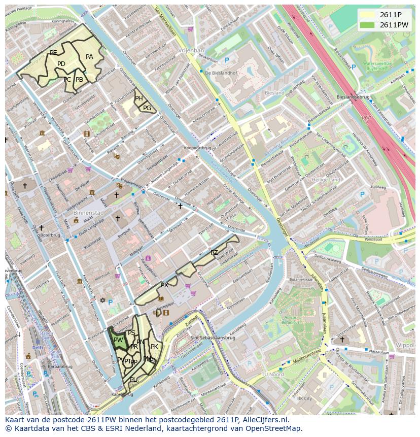 Afbeelding van het postcodegebied 2611 PW op de kaart.