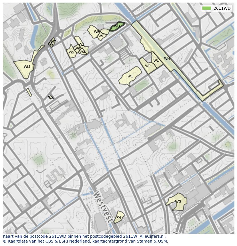 Afbeelding van het postcodegebied 2611 WD op de kaart.