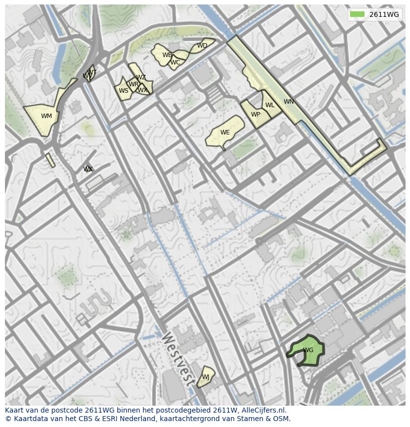 Afbeelding van het postcodegebied 2611 WG op de kaart.