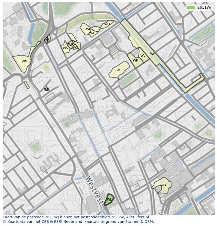 Afbeelding van het postcodegebied 2611 WJ op de kaart.