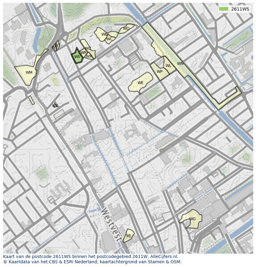 Afbeelding van het postcodegebied 2611 WS op de kaart.