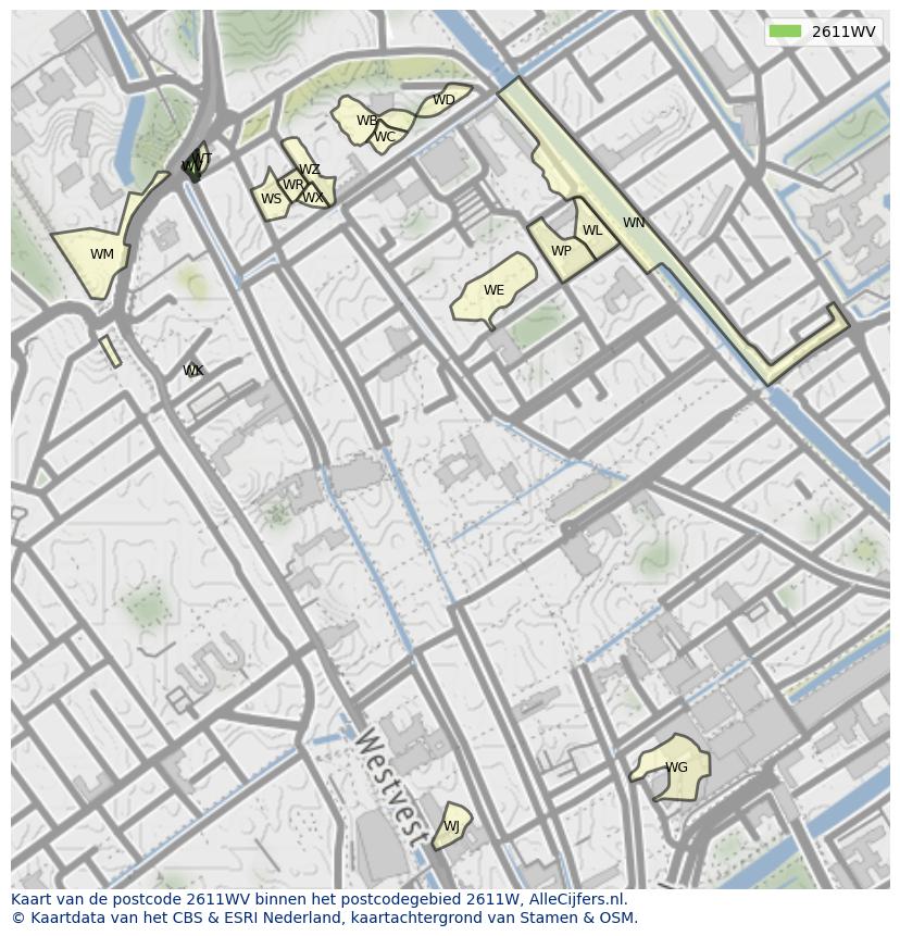 Afbeelding van het postcodegebied 2611 WV op de kaart.
