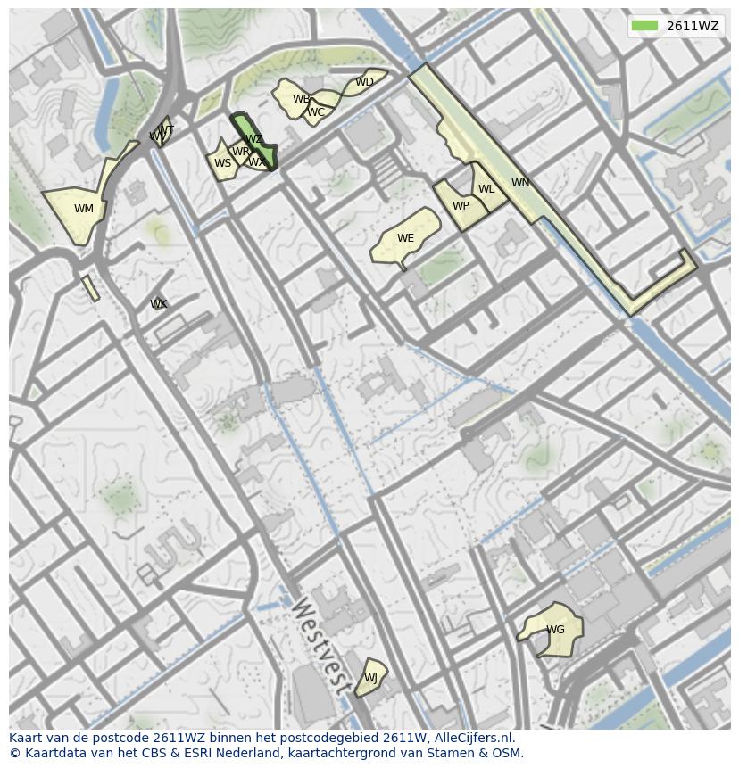 Afbeelding van het postcodegebied 2611 WZ op de kaart.