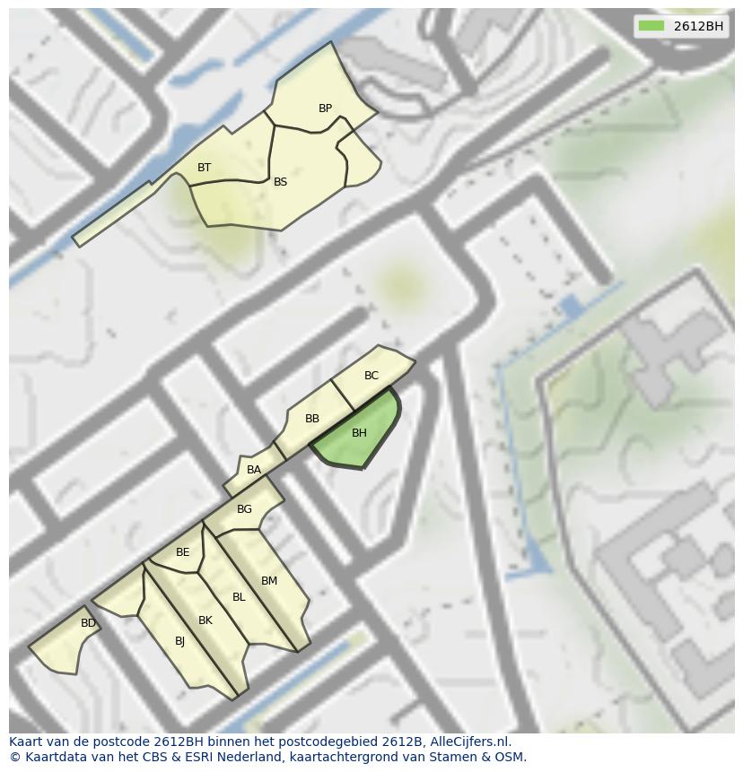 Afbeelding van het postcodegebied 2612 BH op de kaart.