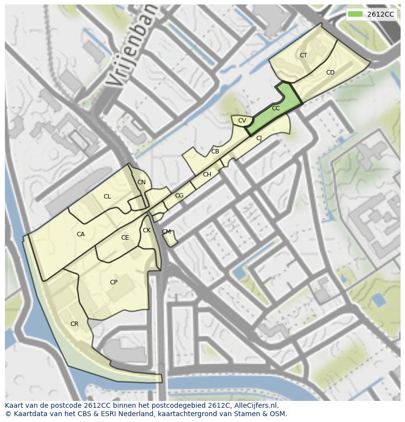 Afbeelding van het postcodegebied 2612 CC op de kaart.