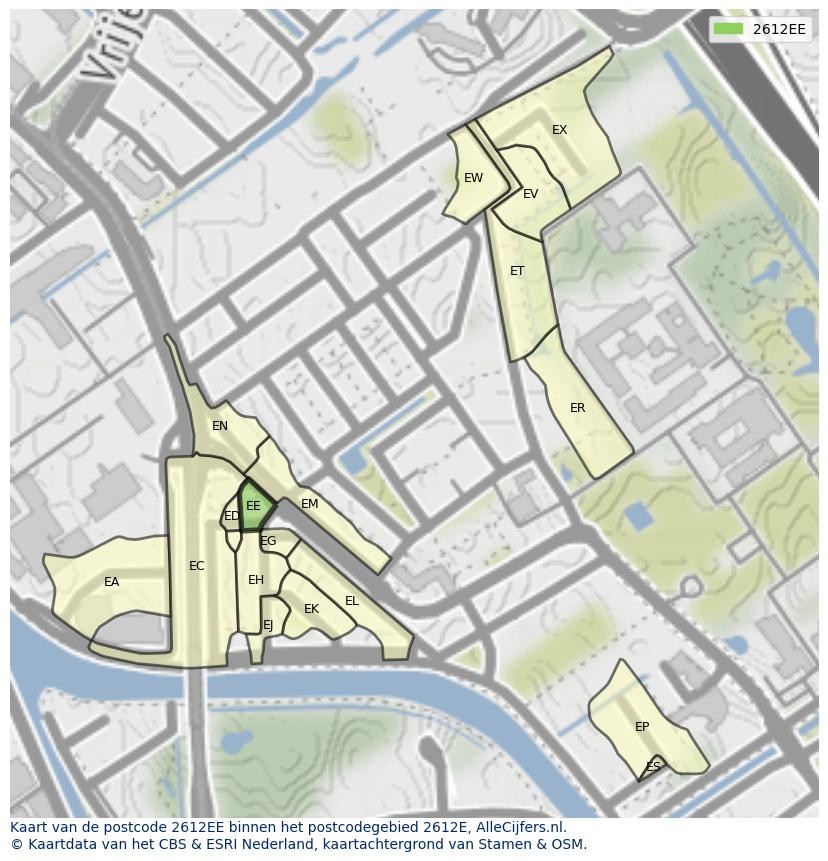 Afbeelding van het postcodegebied 2612 EE op de kaart.