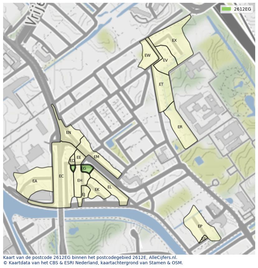 Afbeelding van het postcodegebied 2612 EG op de kaart.