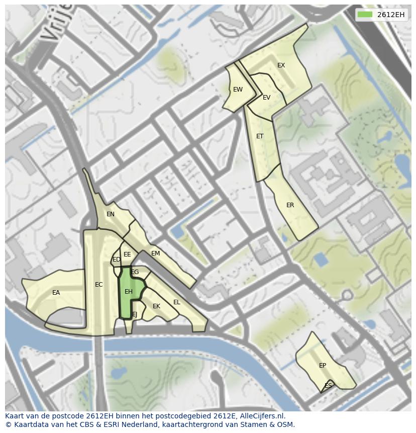 Afbeelding van het postcodegebied 2612 EH op de kaart.