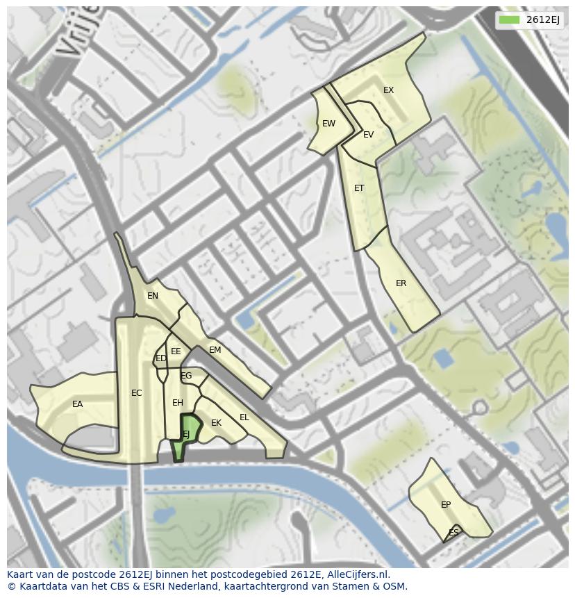 Afbeelding van het postcodegebied 2612 EJ op de kaart.