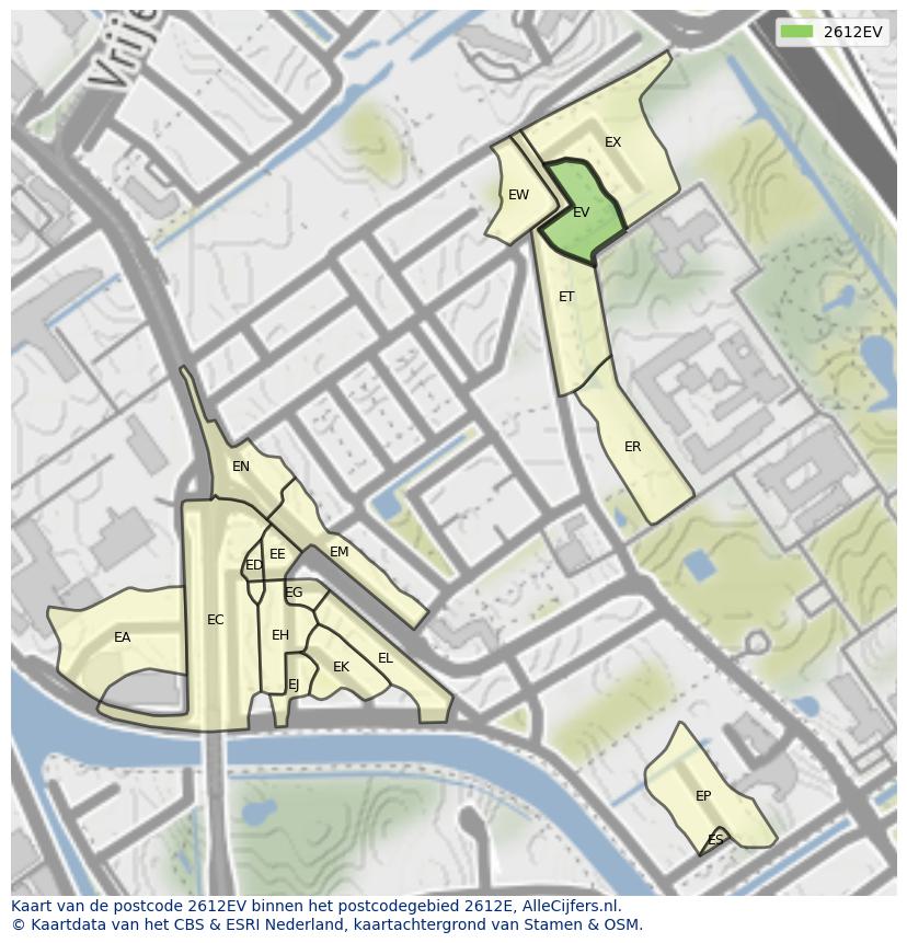 Afbeelding van het postcodegebied 2612 EV op de kaart.