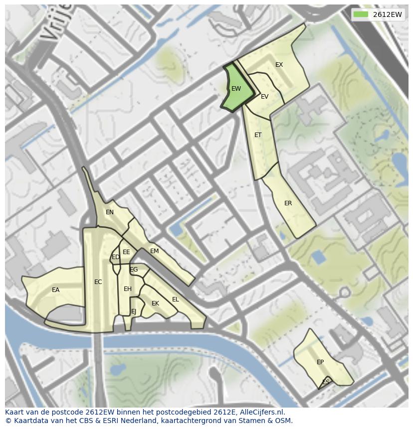 Afbeelding van het postcodegebied 2612 EW op de kaart.