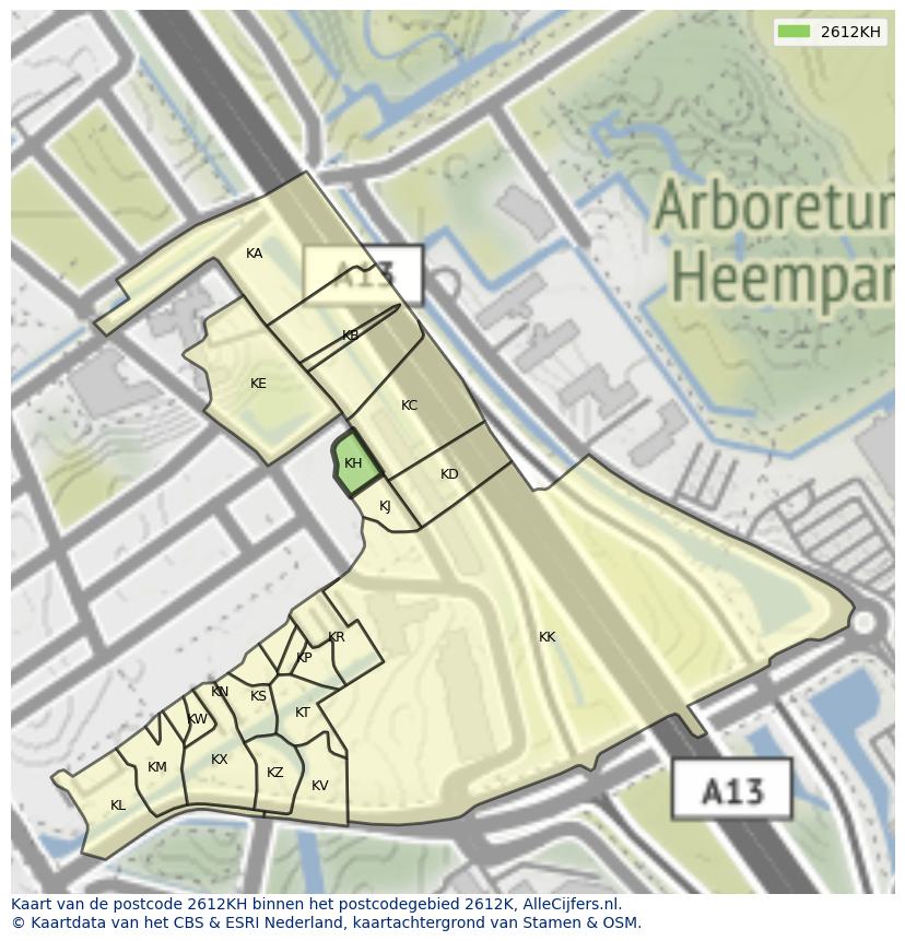 Afbeelding van het postcodegebied 2612 KH op de kaart.