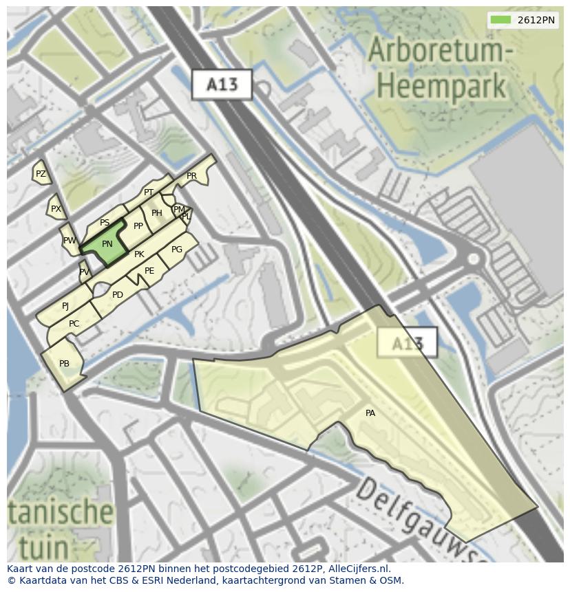 Afbeelding van het postcodegebied 2612 PN op de kaart.