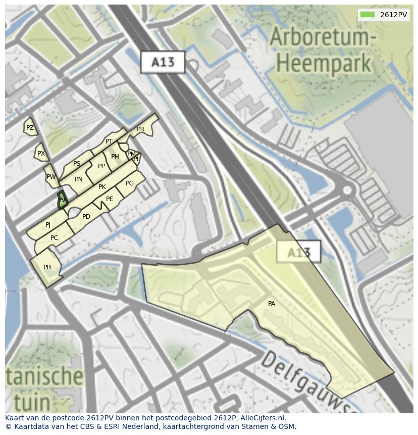 Afbeelding van het postcodegebied 2612 PV op de kaart.