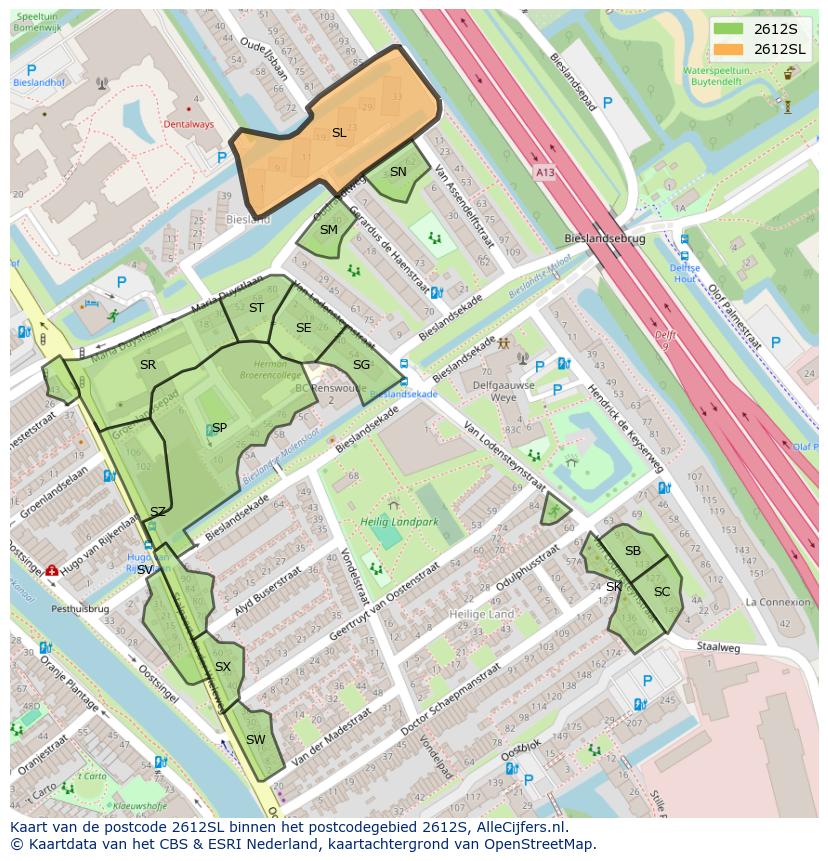 Afbeelding van het postcodegebied 2612 SL op de kaart.