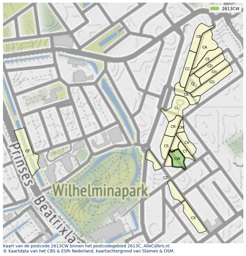 Afbeelding van het postcodegebied 2613 CW op de kaart.