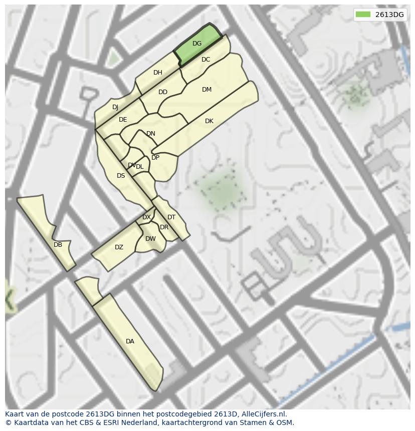 Afbeelding van het postcodegebied 2613 DG op de kaart.