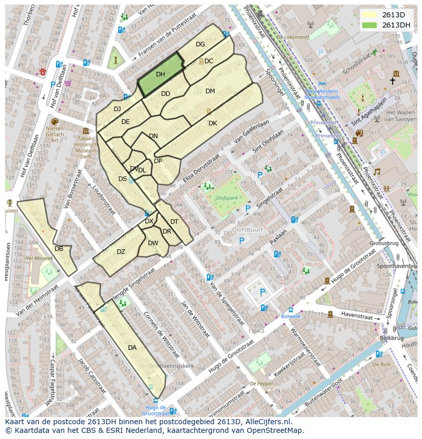 Afbeelding van het postcodegebied 2613 DH op de kaart.