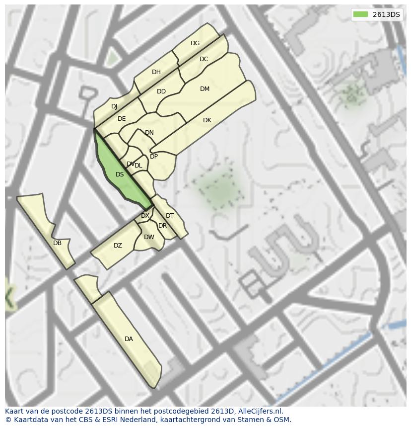 Afbeelding van het postcodegebied 2613 DS op de kaart.