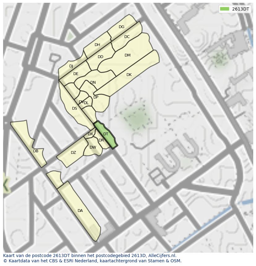 Afbeelding van het postcodegebied 2613 DT op de kaart.