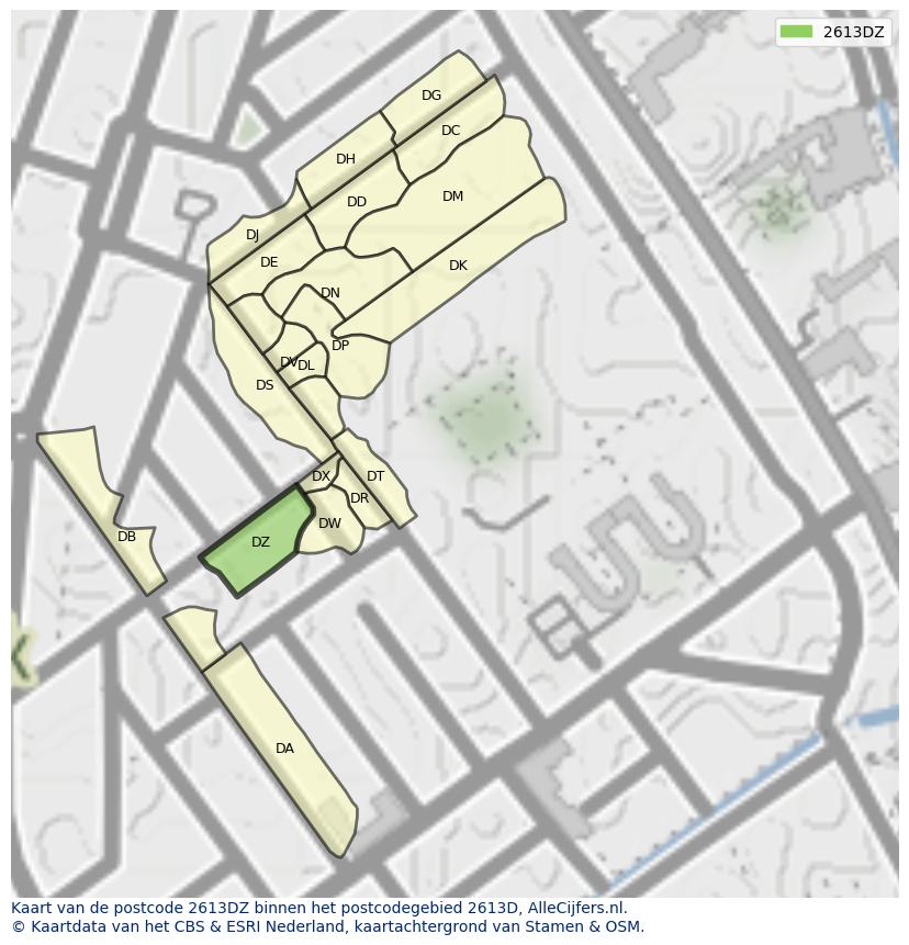 Afbeelding van het postcodegebied 2613 DZ op de kaart.