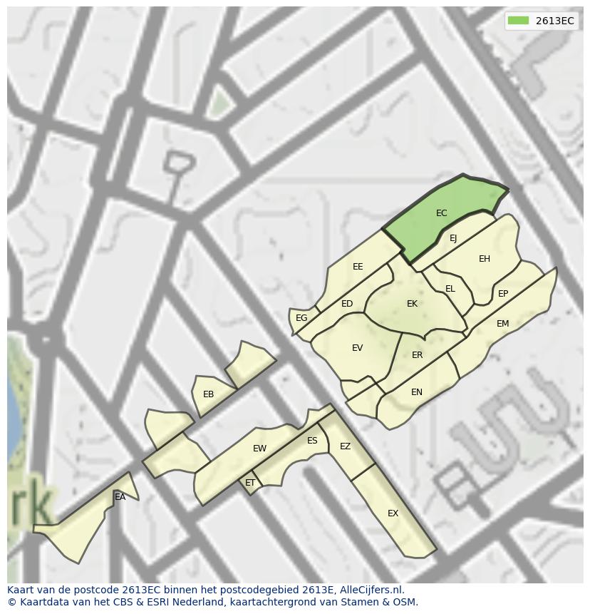Afbeelding van het postcodegebied 2613 EC op de kaart.