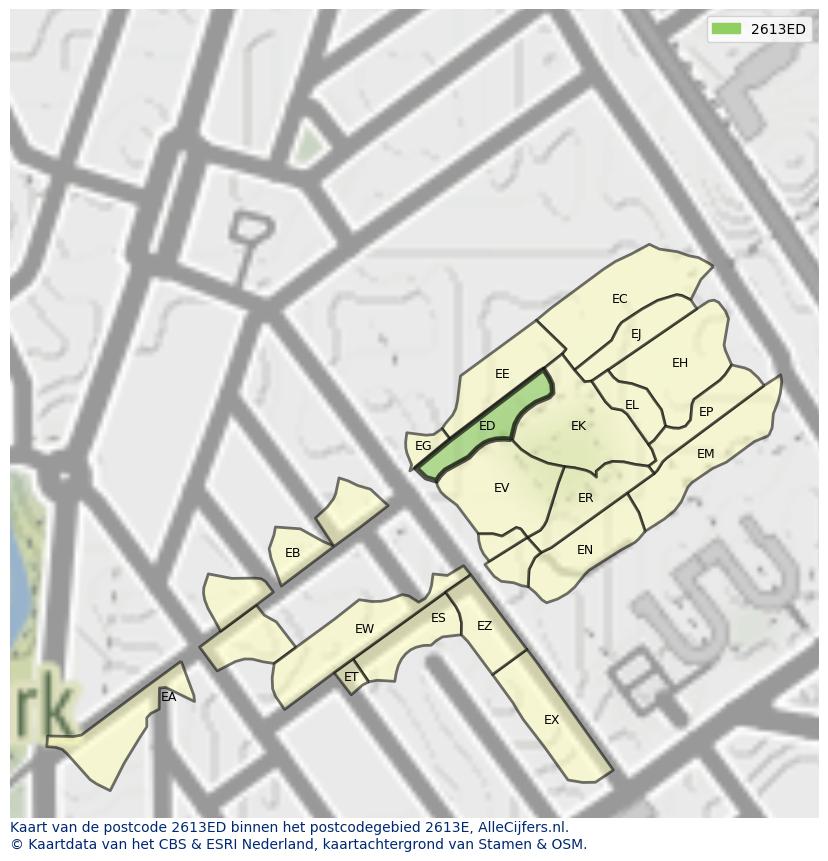 Afbeelding van het postcodegebied 2613 ED op de kaart.