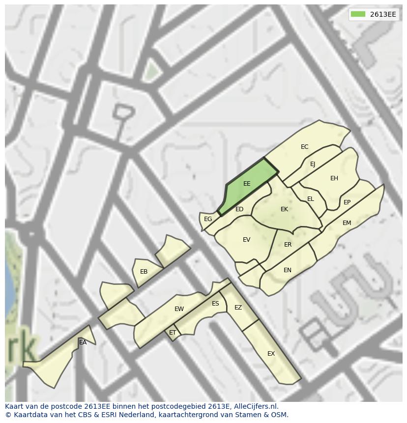 Afbeelding van het postcodegebied 2613 EE op de kaart.