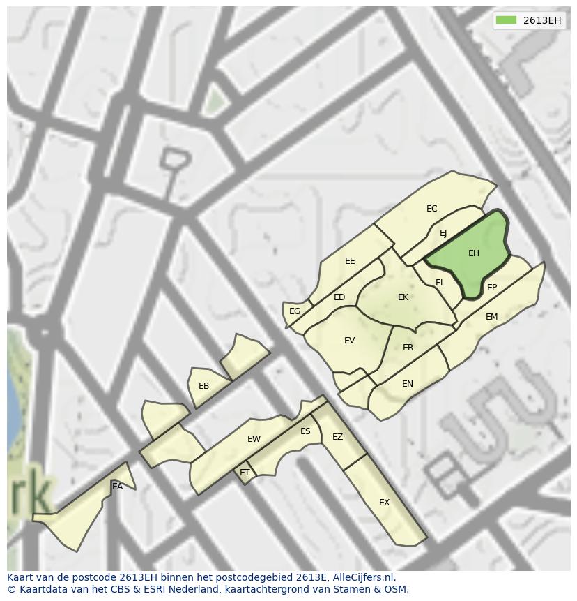 Afbeelding van het postcodegebied 2613 EH op de kaart.