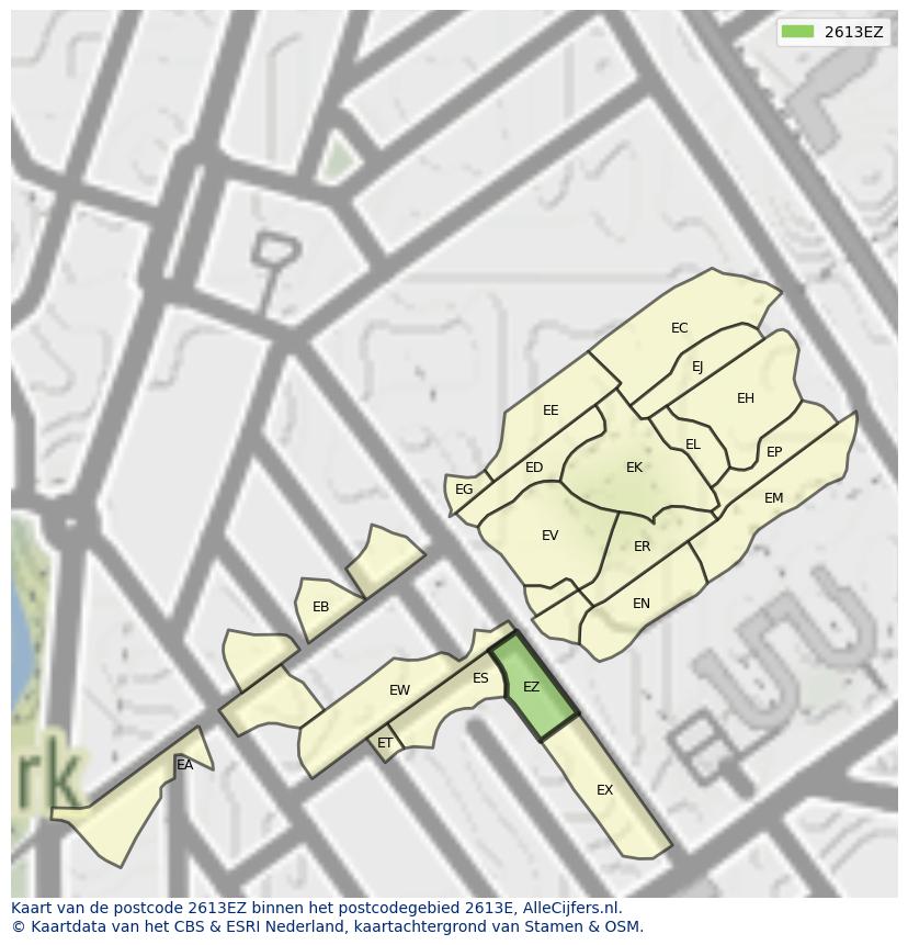 Afbeelding van het postcodegebied 2613 EZ op de kaart.