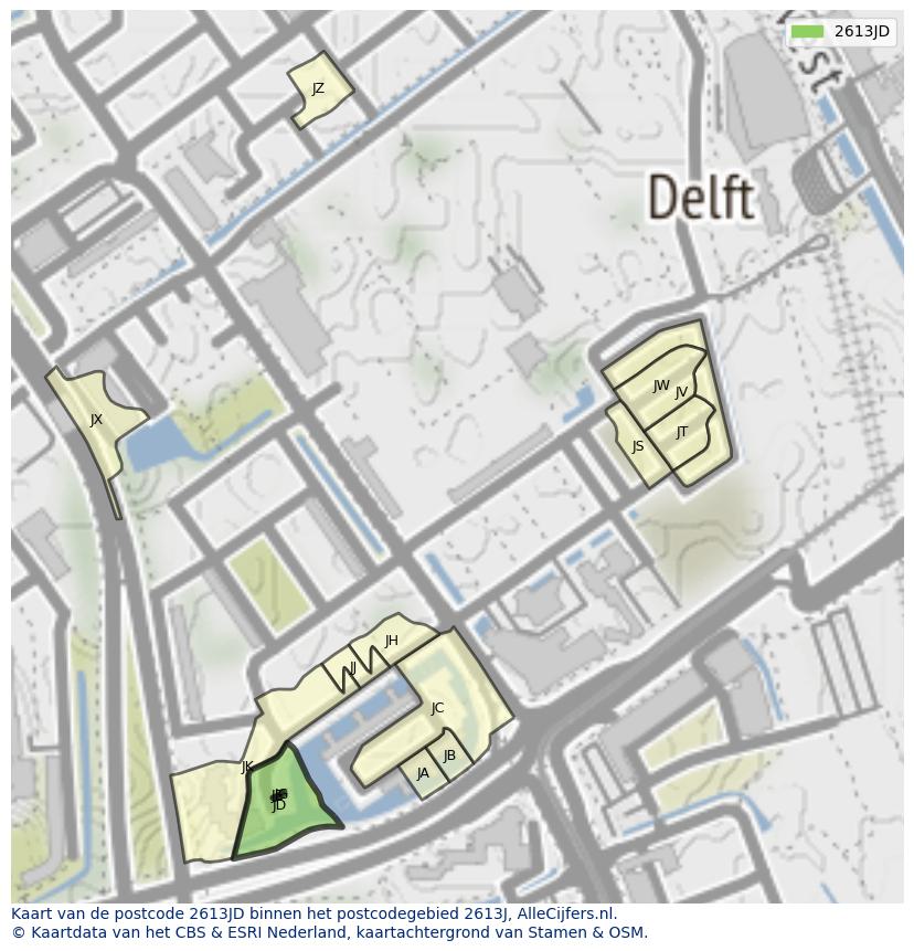 Afbeelding van het postcodegebied 2613 JD op de kaart.