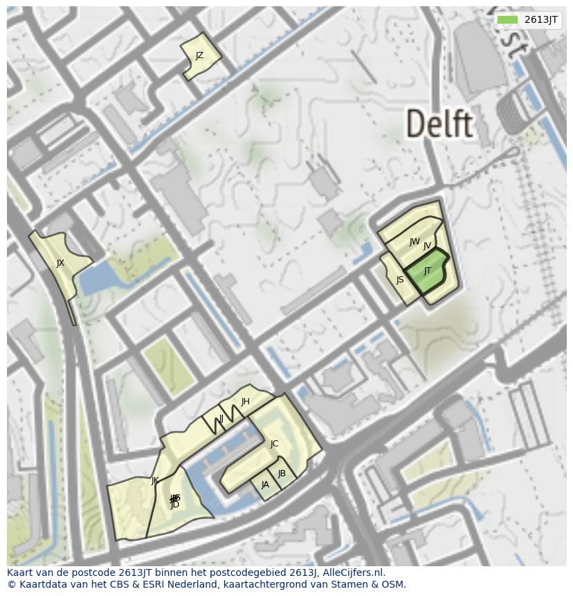 Afbeelding van het postcodegebied 2613 JT op de kaart.
