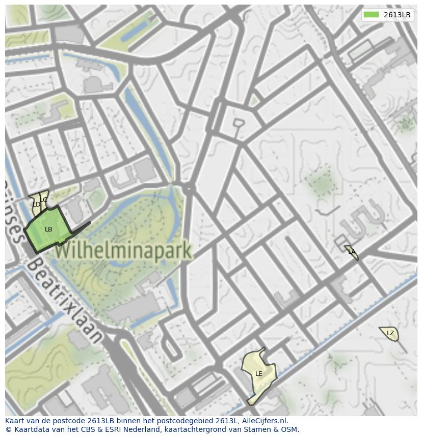 Afbeelding van het postcodegebied 2613 LB op de kaart.