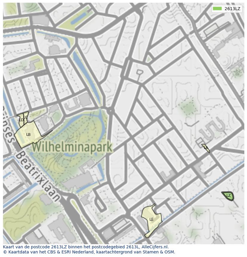 Afbeelding van het postcodegebied 2613 LZ op de kaart.