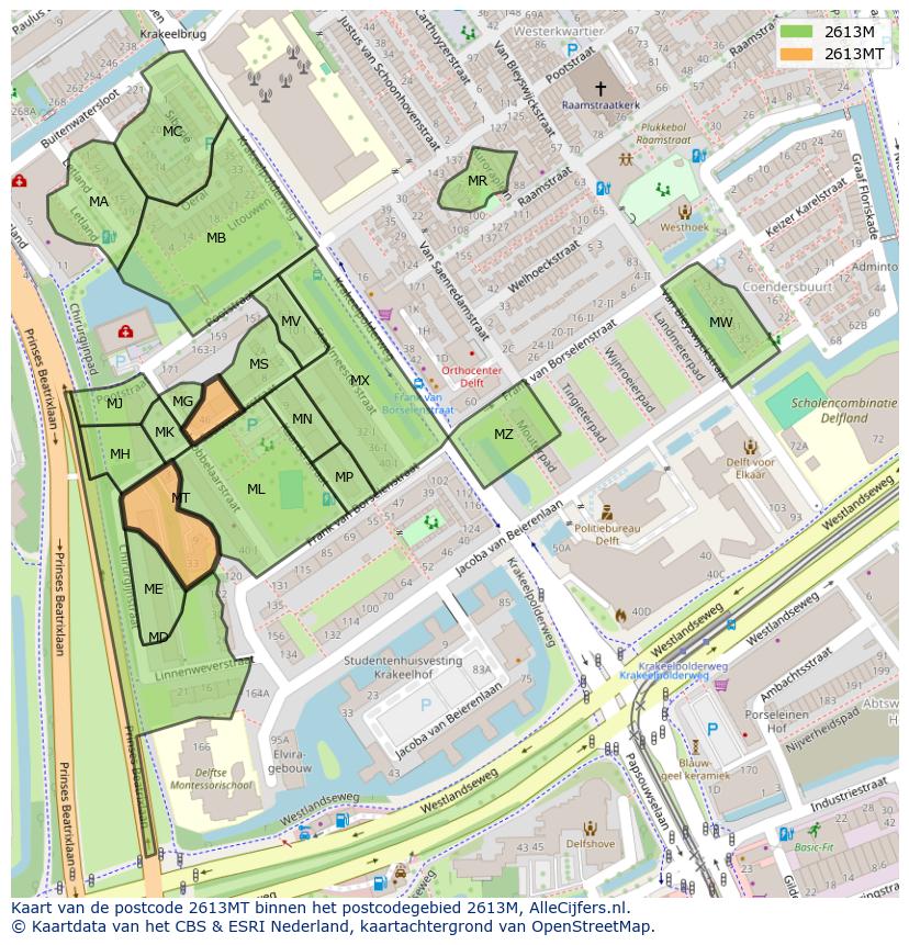 Afbeelding van het postcodegebied 2613 MT op de kaart.