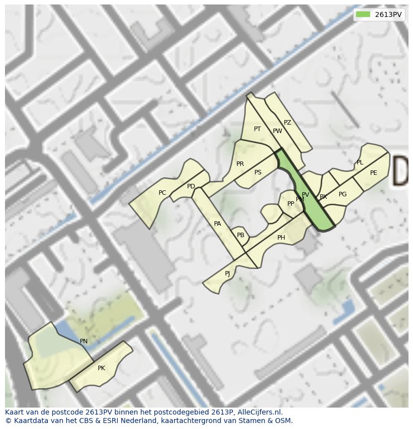 Afbeelding van het postcodegebied 2613 PV op de kaart.