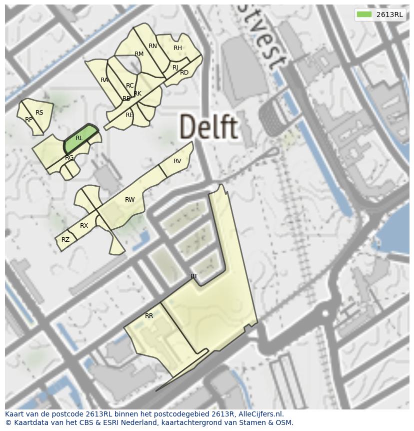 Afbeelding van het postcodegebied 2613 RL op de kaart.