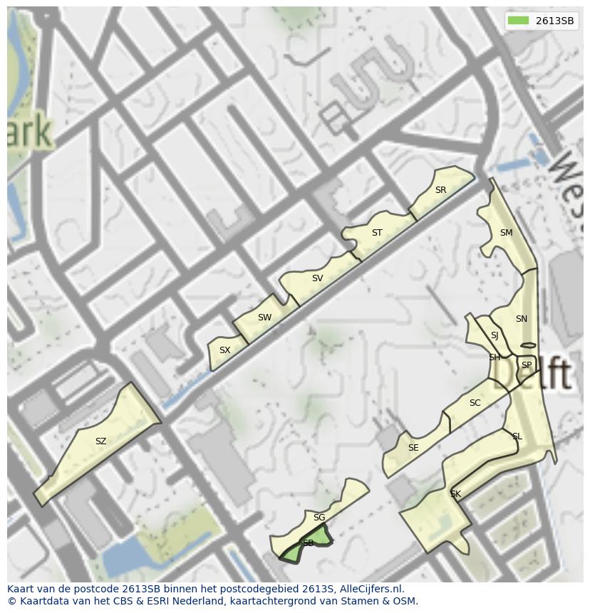Afbeelding van het postcodegebied 2613 SB op de kaart.