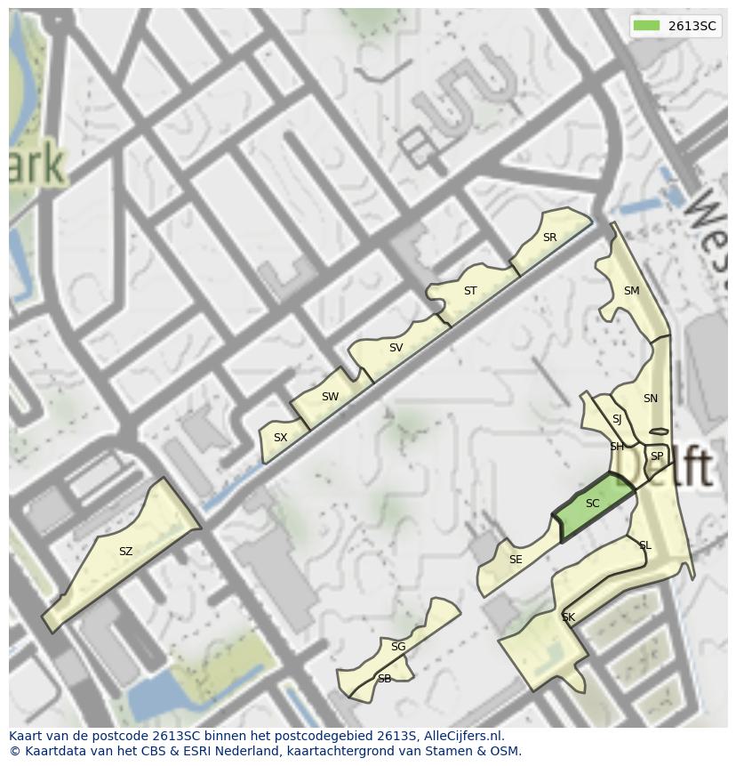 Afbeelding van het postcodegebied 2613 SC op de kaart.