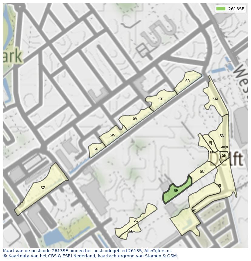 Afbeelding van het postcodegebied 2613 SE op de kaart.