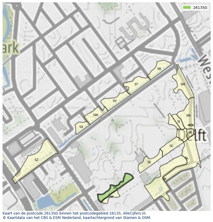 Afbeelding van het postcodegebied 2613 SG op de kaart.